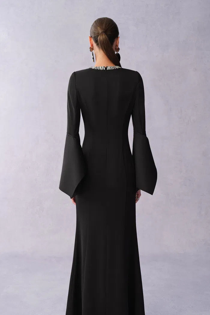 Nokta Hand Sewn Rhinestone Collar Maxi Dress in Linen Style Suiting