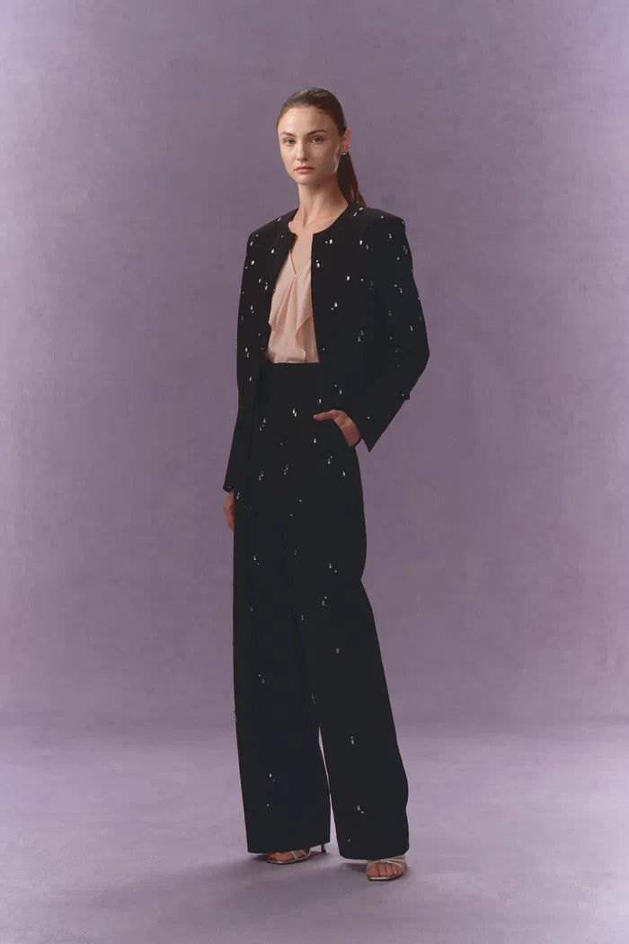 Aquila Hand Sewn Rhinestone Crop Suit Blazer in Fine Wool Suiting