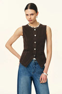 Elodie Fitted Round Neck Sleeveless Vest Top and Skirt Matching Set in Thin Denim