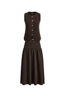 Elodie Fitted Round Neck Sleeveless Vest Top and Skirt Matching Set in Thin Denim