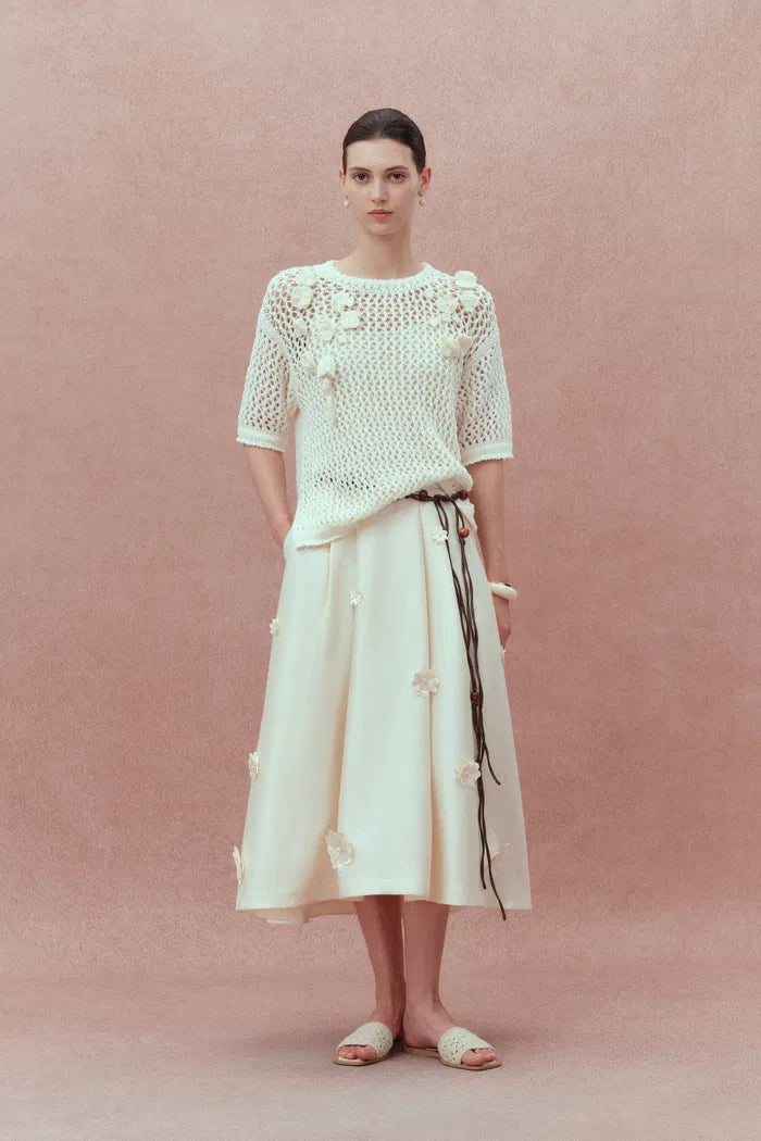 Lea Handcrafted 3D Floral Skirt in Silk-Wool Satin