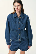 Colette Striped Washed Blue Patch Pocket Jacket and Shorts in Herringbone Denim
