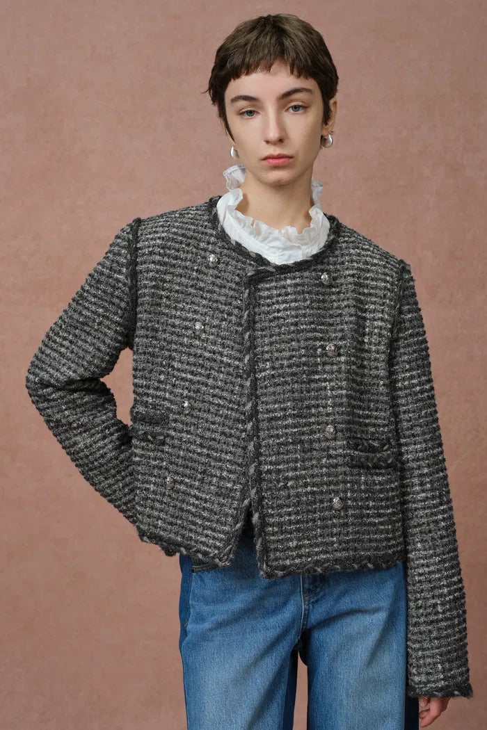 Sloane Double Breasted Metallic Trim Tweed Jacket in French Bouclé