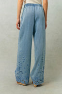 Vinetta Curved Button Placket Floral Embroidered Shirt and Jeans Matching Set in Cotton Linen Denim
