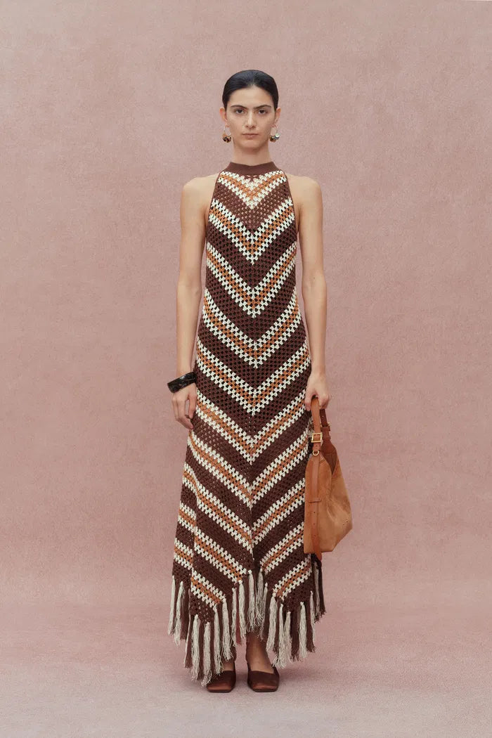 Franny Hand Crochet Striped Sleeveless Dress in Cotton-Linen Tape Yarn Knit Maa Taa Caa Eaa Daa Faa Eaa