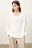 Bianca Drape Neck Sequin Embroidered Blouse in Acetate Twill