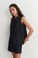 Zach Sleeveless Top and Shorts Matching Set in Silk-Cotton Denim