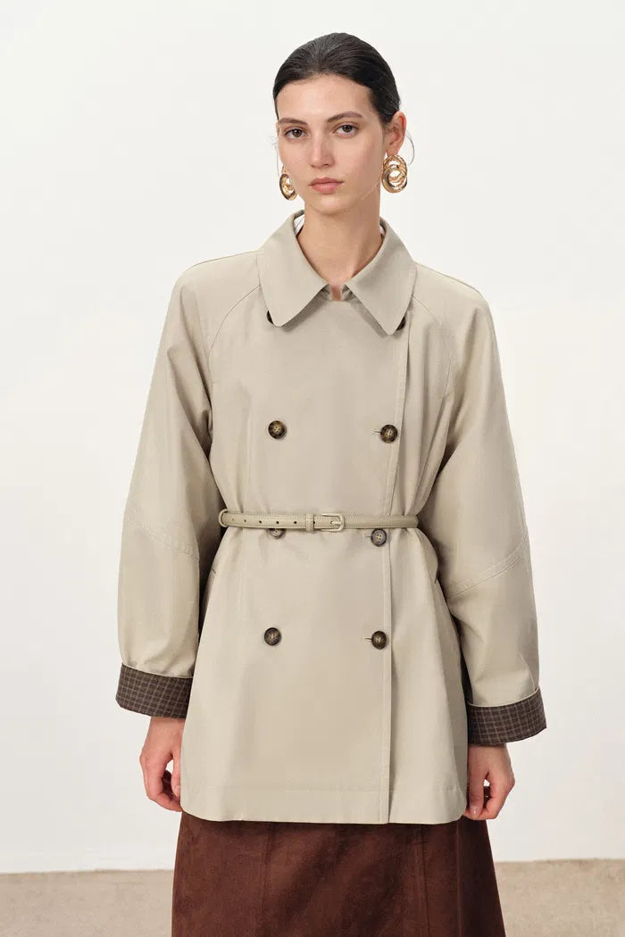 Catelo Double Breasted Leather Belted Short Trench Coat in Wrinkle Resistant Cotton