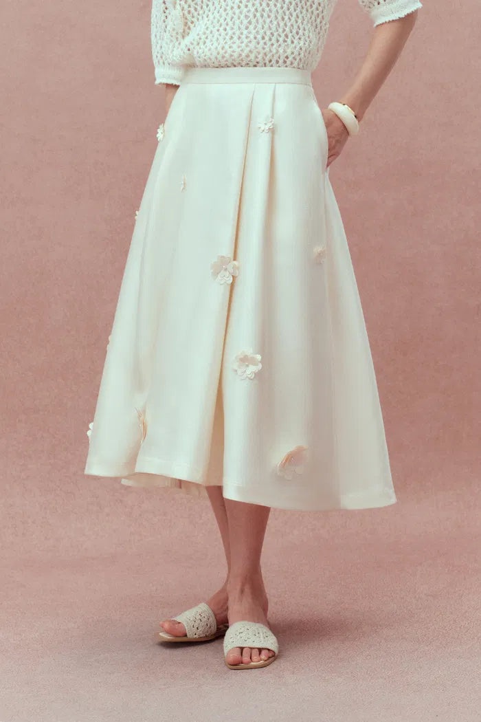 Lea Handcrafted 3D Floral Skirt in Silk-Wool Satin