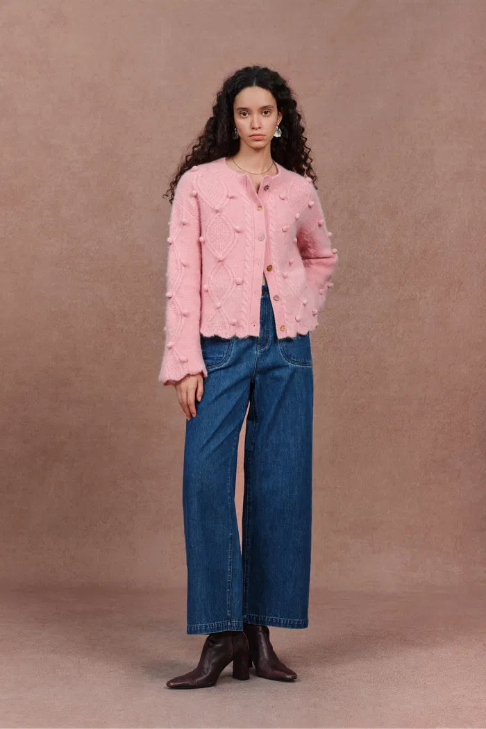 Cassie 3D Pom Pom Cardigan in Merino Wool–Alpaca Blend Knit