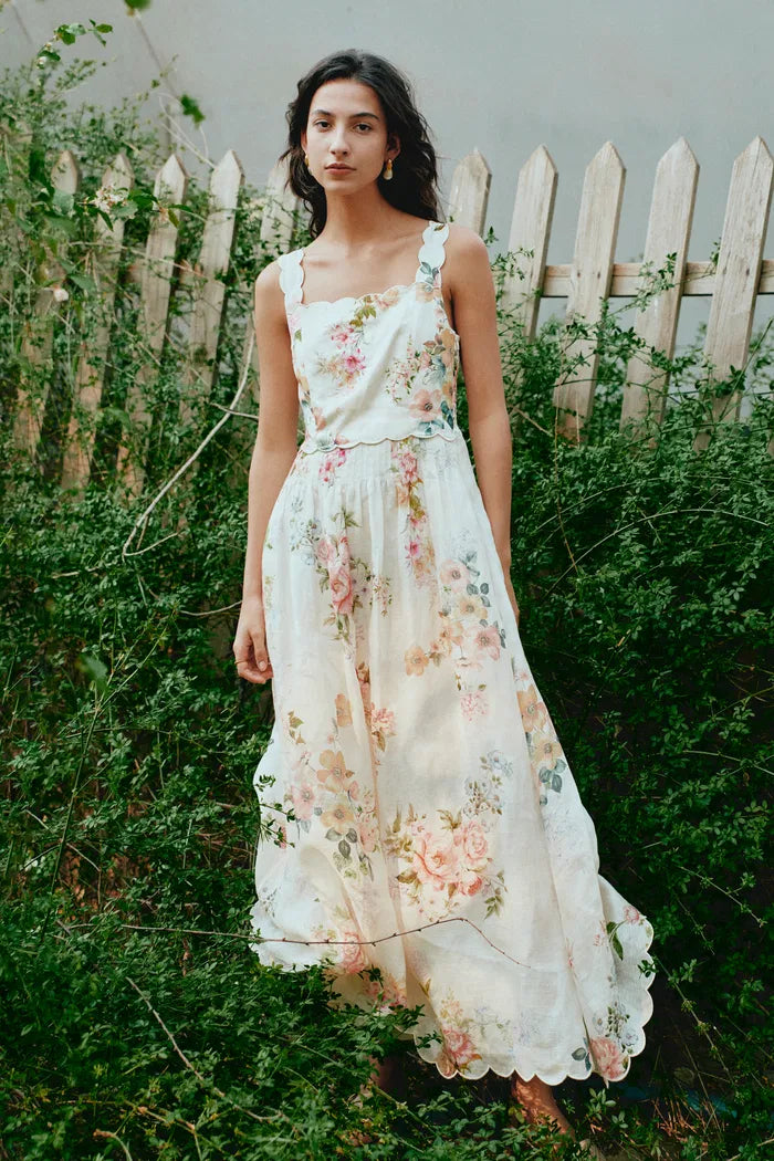 Xena Watercolor Flora Embroidery Strap Dress in Silk-Linen