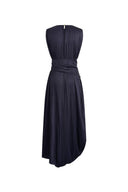 Celeste Sleeveless Navy Dress in Pleated Satin