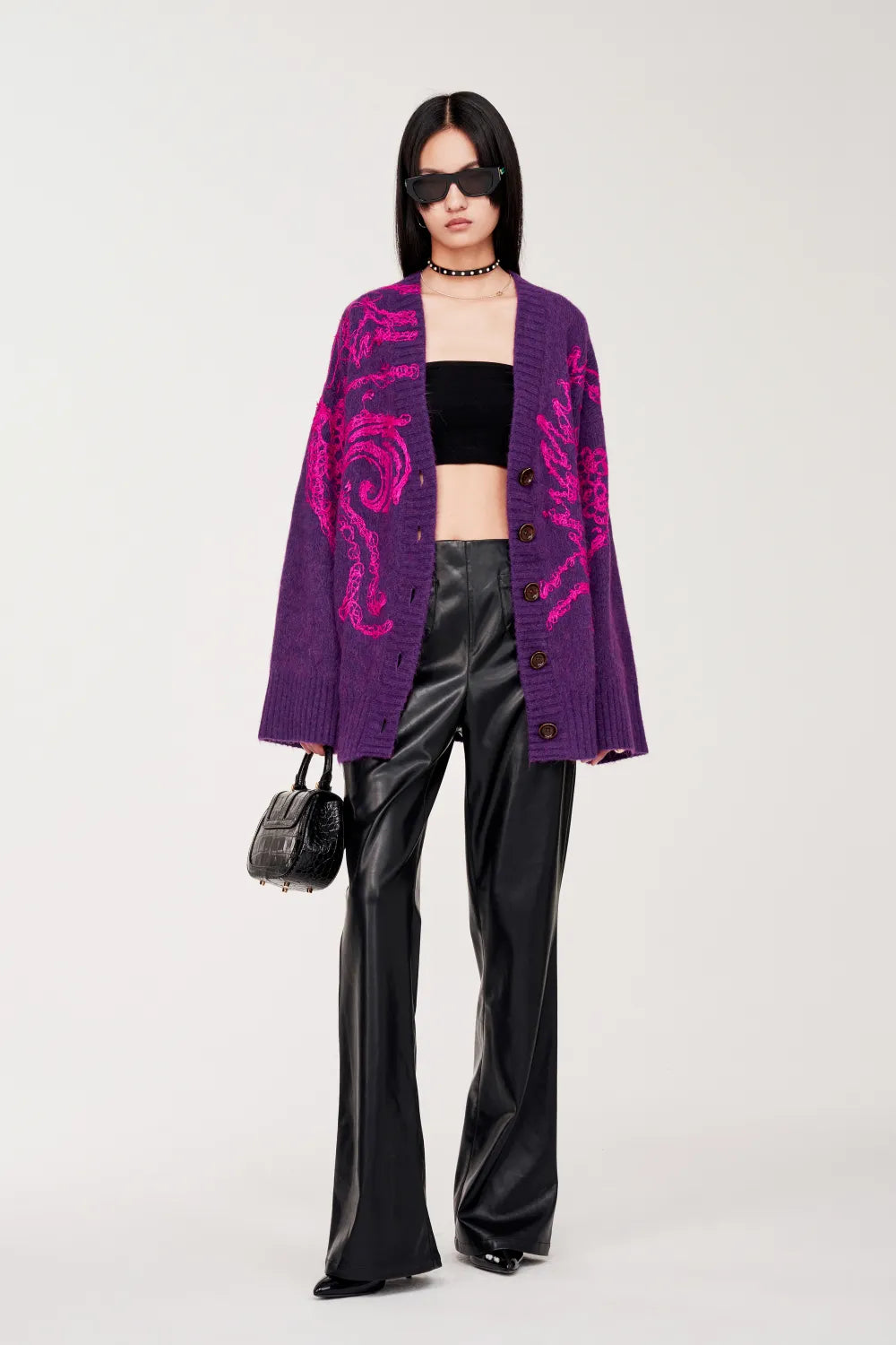 Darcy 凝夜紫彩龙穿花羊驼毛混纺绣花针织开衫