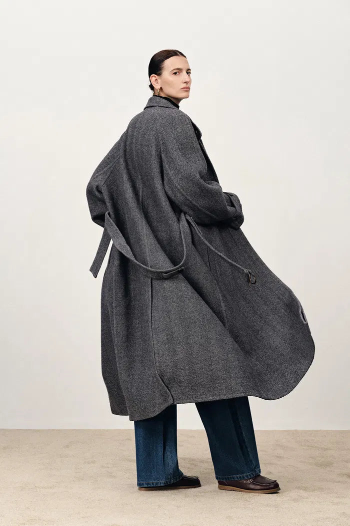 Edwina Grey Long Herringbone Coat in Lightweight Merino Wool