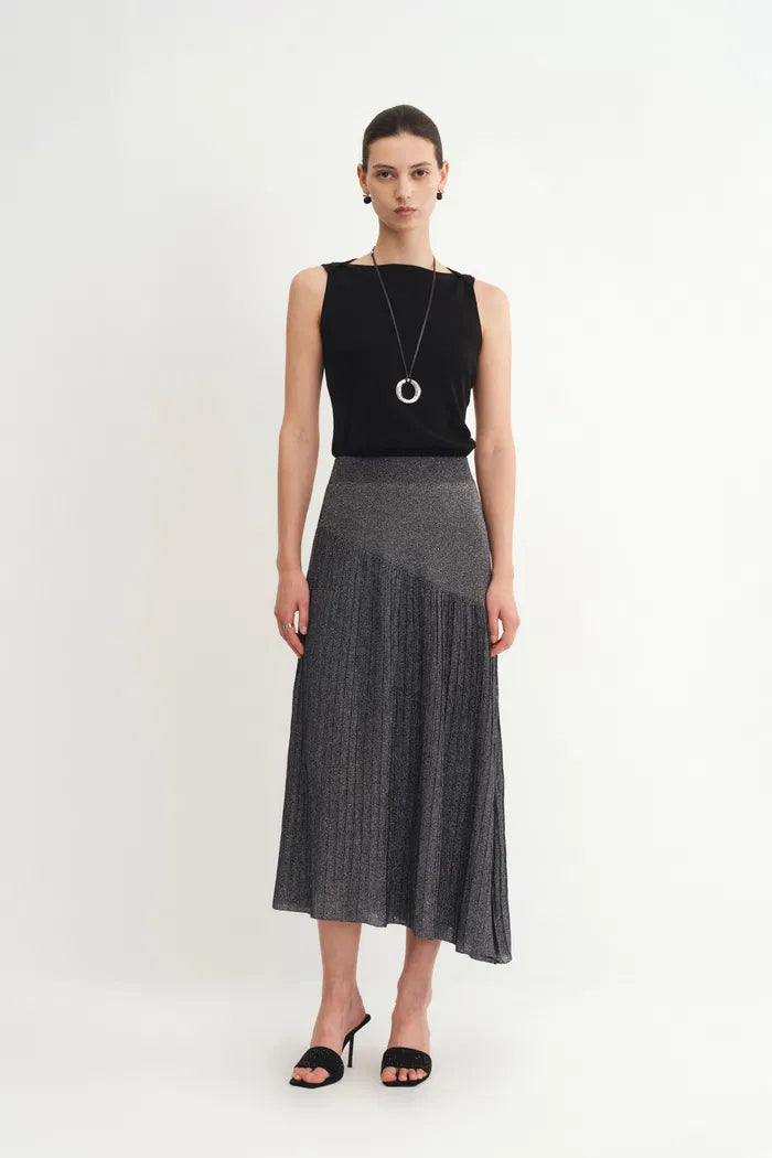Hadley Slanted Hem Skirt in Metallic Yarn