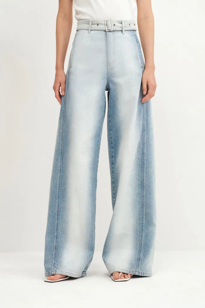 Paz Belted Gradient Washed Wide Leg Jeans in Cotton Denim