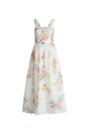 Xena Watercolor Flora Embroidery Strap Dress in Silk-Linen