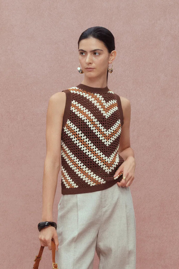 Clara Hand Crochet Sleeveless Top in Cotton-Linen Tape Yarn