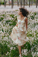Xena Watercolor Flora Embroidery Strap Dress in Silk-Linen