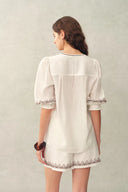 Becky Cross Stitch Tie Front Short Sleeve Shirt in Linen Blend