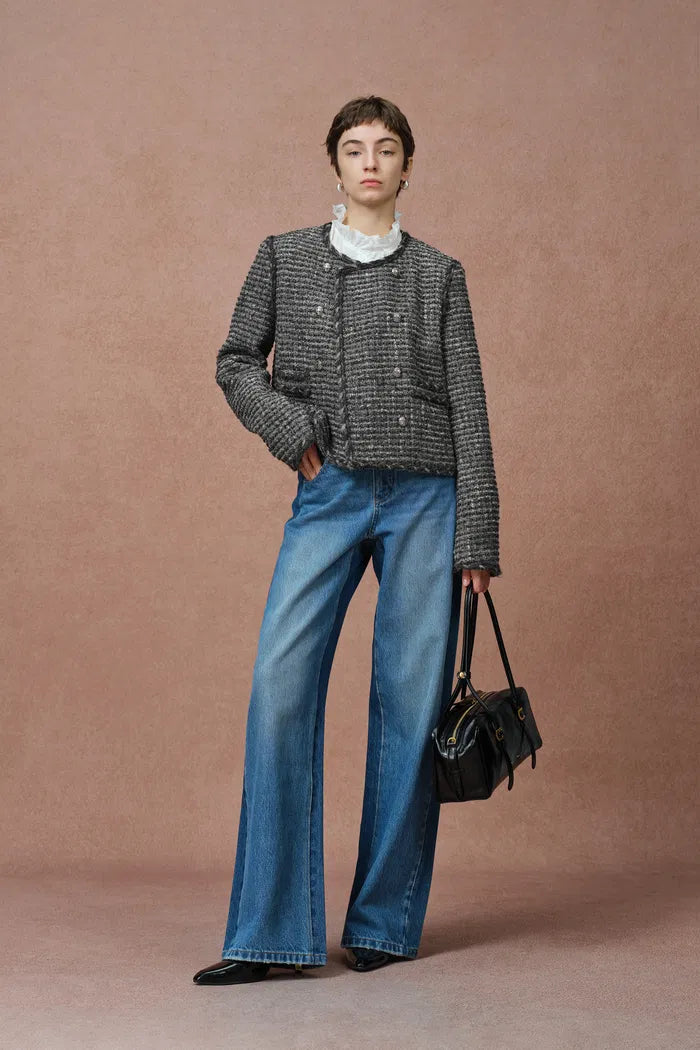 Sloane Double Breasted Metallic Trim Tweed Jacket in French Bouclé