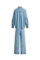 Vinetta Curved Button Placket Floral Embroidered Shirt and Jeans Matching Set in Cotton Linen Denim
