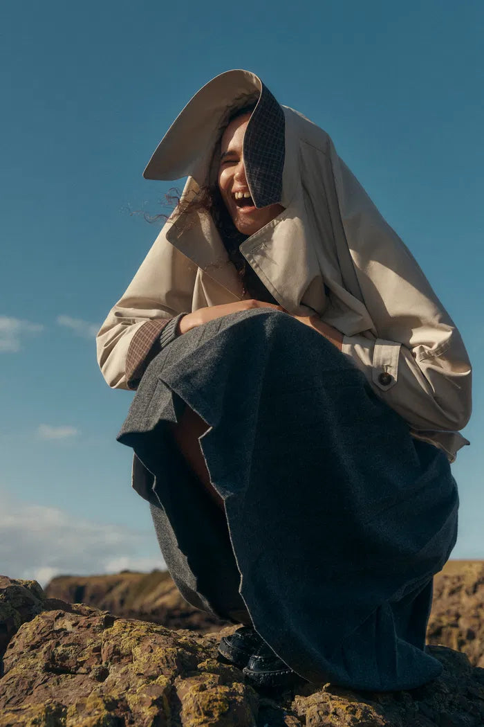 Catelo Double Breasted Leather Belted Short Trench Coat in Wrinkle Resistant Cotton