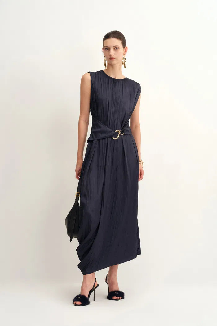 Celeste Sleeveless Navy Dress in Pleated Satin