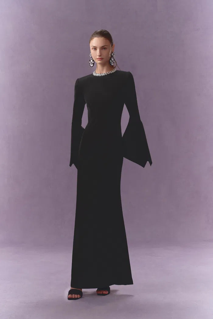 Nokta Hand Sewn Rhinestone Collar Maxi Dress in Linen Style Suiting