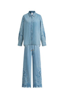 Vinetta Curved Button Placket Floral Embroidered Shirt and Jeans Matching Set in Cotton Linen Denim