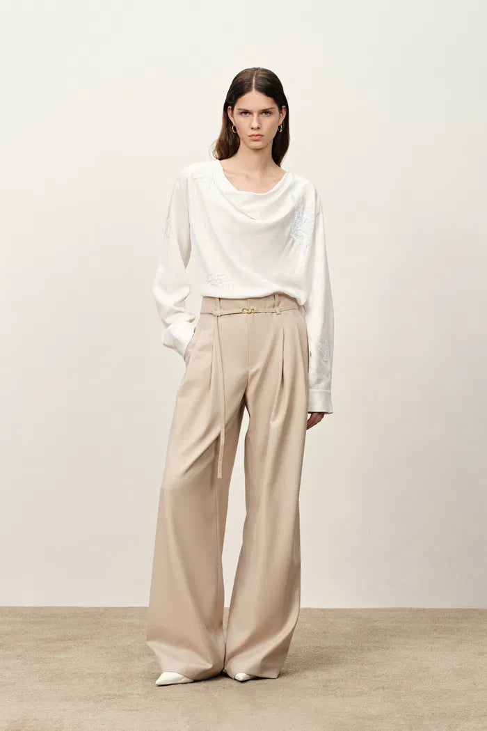 Bianca Drape Neck Sequin Embroidered Blouse in Acetate Twill