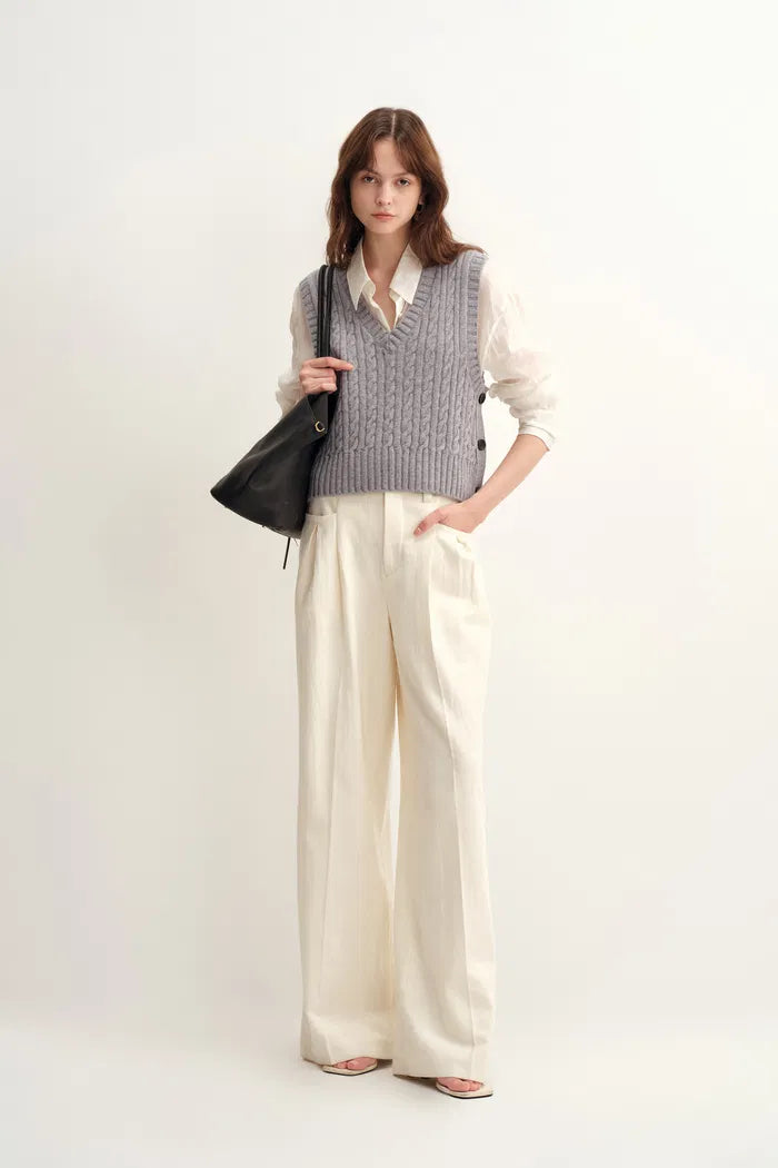 Winnie V Neck Sleeveless Top in Merino Wool Cable Knit