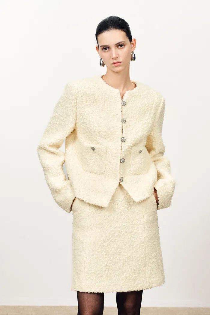 Grasse Textured Boxy Jacket and Skirt Matching Set in Boucle Wool Alpaca