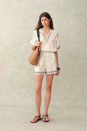 Becky Cross Stitch Tie Front Short Sleeve Shirt in Linen Blend