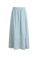 Shirley Eyelet Embroidered Washed Light-Blue Denim Skirt in Tencel Denim