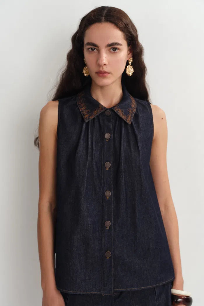 Zach Sleeveless Top in Silk-Cotton Denim