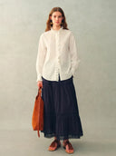 Becky Cross Stitch Tie Front Short Sleeve Shirt in Linen Blend
