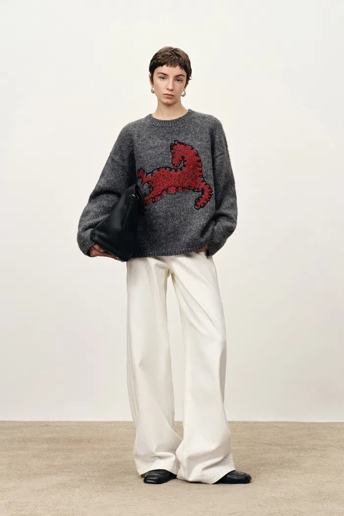Quella Red Pony Drop Shoulder Sweater in Alpaca Wool Knit