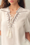Becky Cross Stitch Tie Front Short Sleeve Shirt in Linen Blend