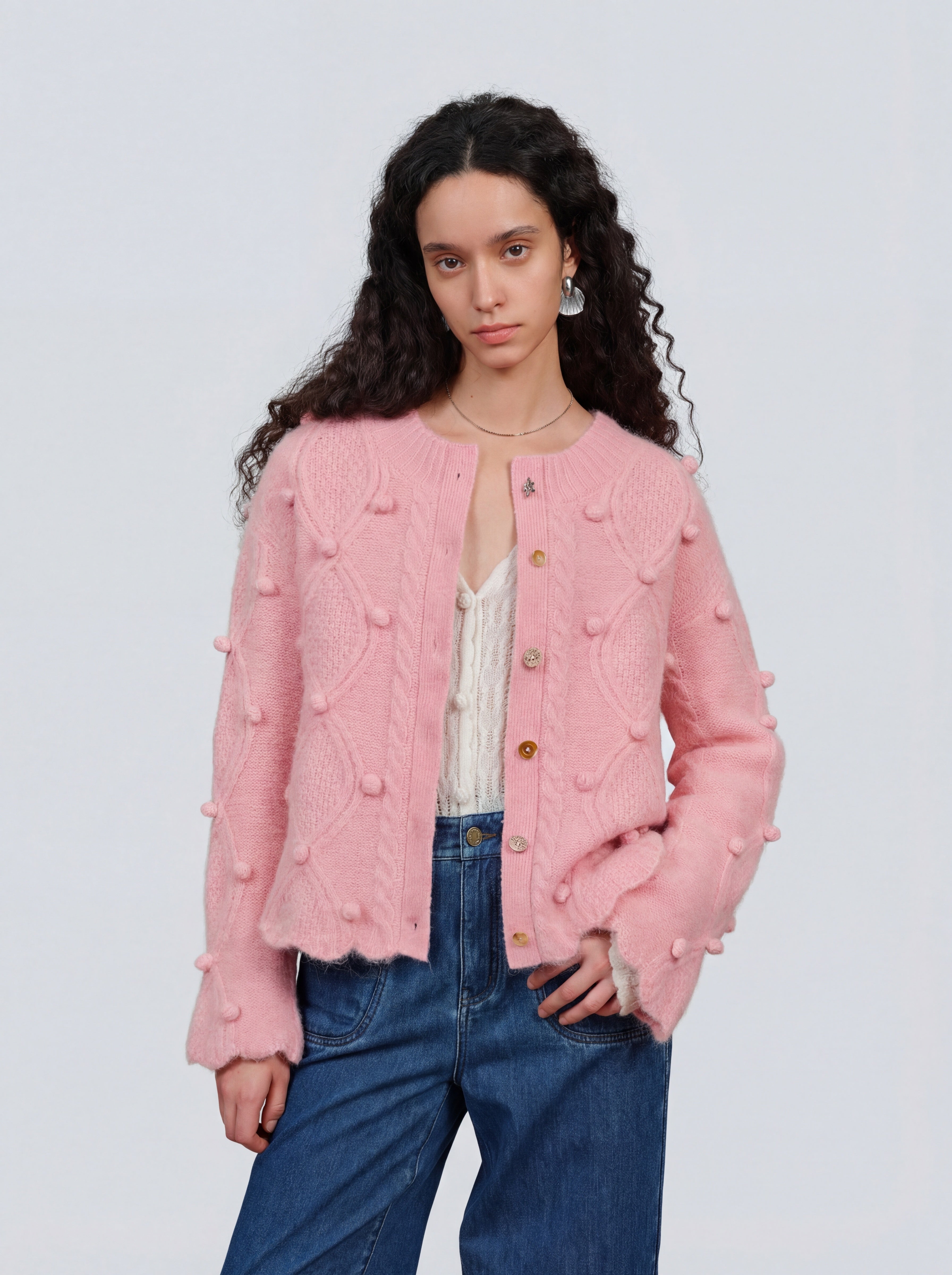 Delphine Ruffled Hem Pink Jeans in Cotton Denim