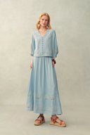 Marmont Pin Tuck Embroidery Blouse and Skirt Matching Set in Tencel Denim