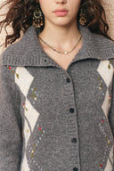 Mia Hand Embroidery Argyle Cardigan in Wool Blend