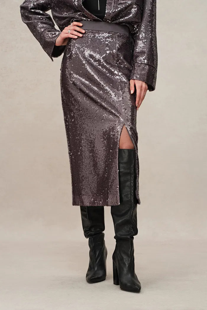 Layering Sequin Slit Midi Skirt in Shimmering Mermaid Sequins