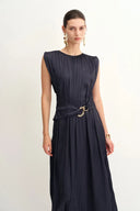 Celeste Sleeveless Navy Dress in Pleated Satin