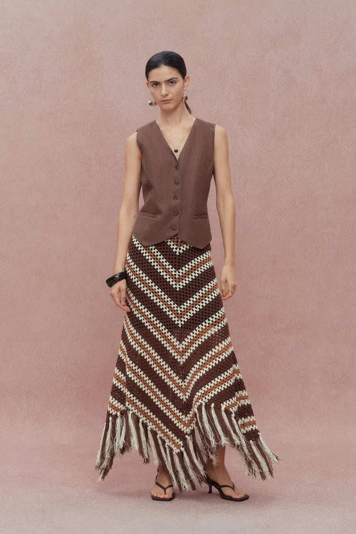 Clara Hand Crochet Fringed Skirt in Cotton-Linen Tape Yarn