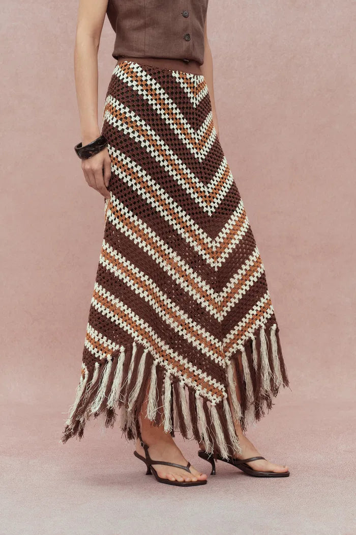 Clara Hand Crochet Fringed Skirt in Cotton-Linen Tape Yarn