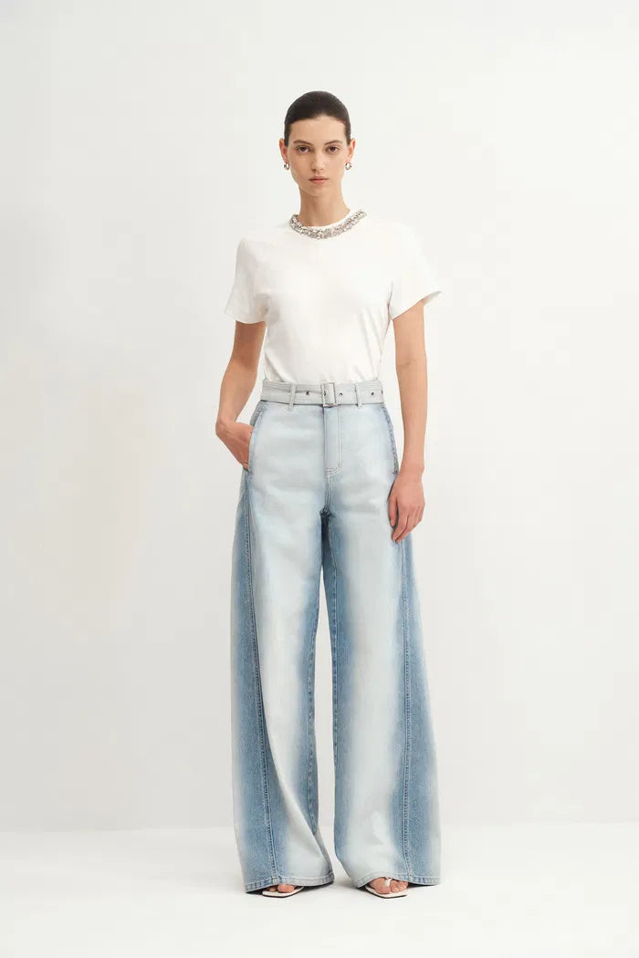 Paz Belted Gradient Washed Wide Leg Jeans in Cotton Denim