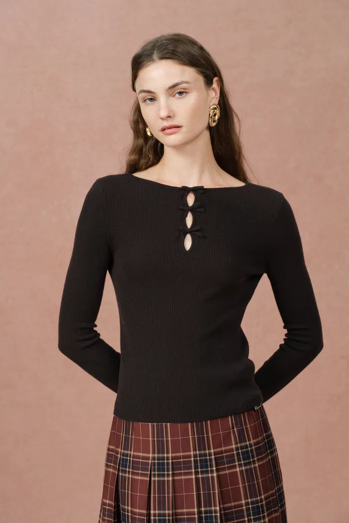 Eden Grey Bow Tie Fitted Top in Merino Wool with Stretch Knit