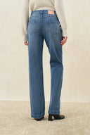Odelia Leather Buckle Straight Leg Jeans in Cotton Denim