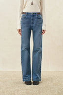 Odelia Leather Buckle Straight Leg Jeans in Cotton Denim